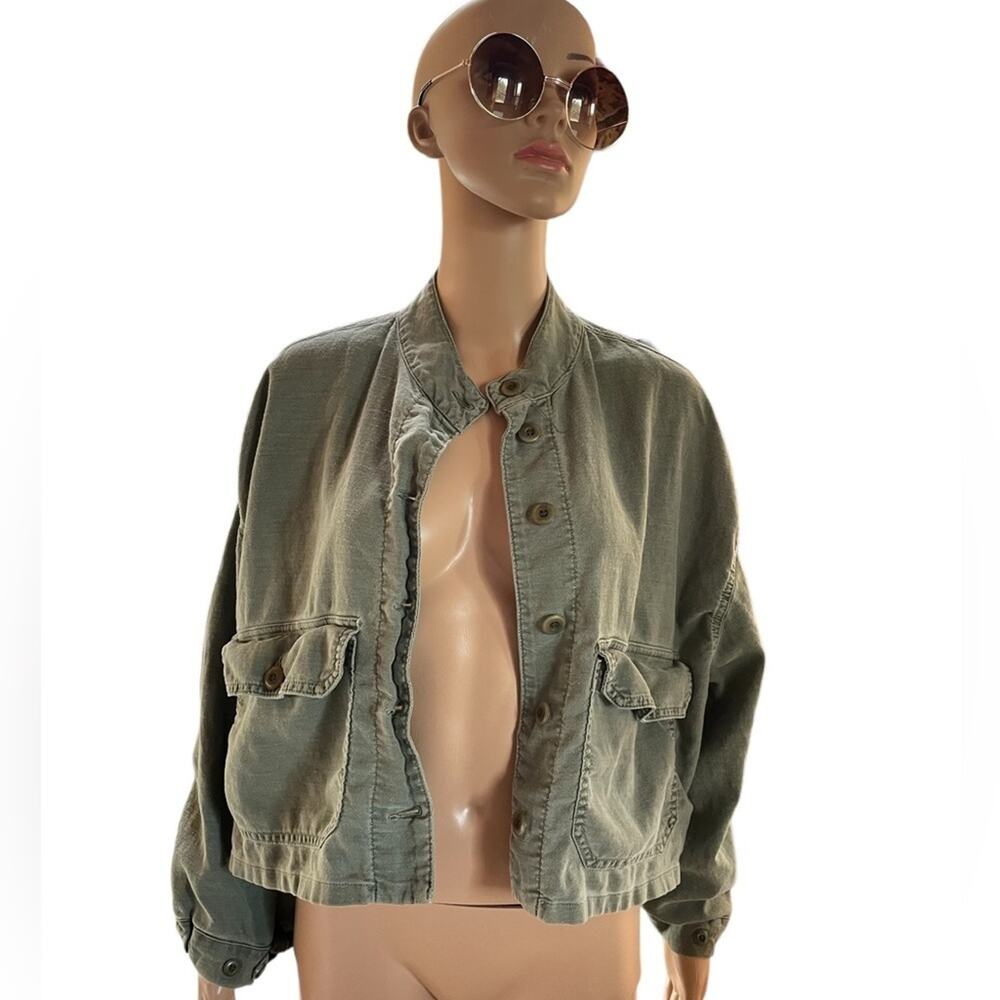 The Great Jacket Women 0 Casual Denim Linen Blend Crop Oversized Button Up Green
